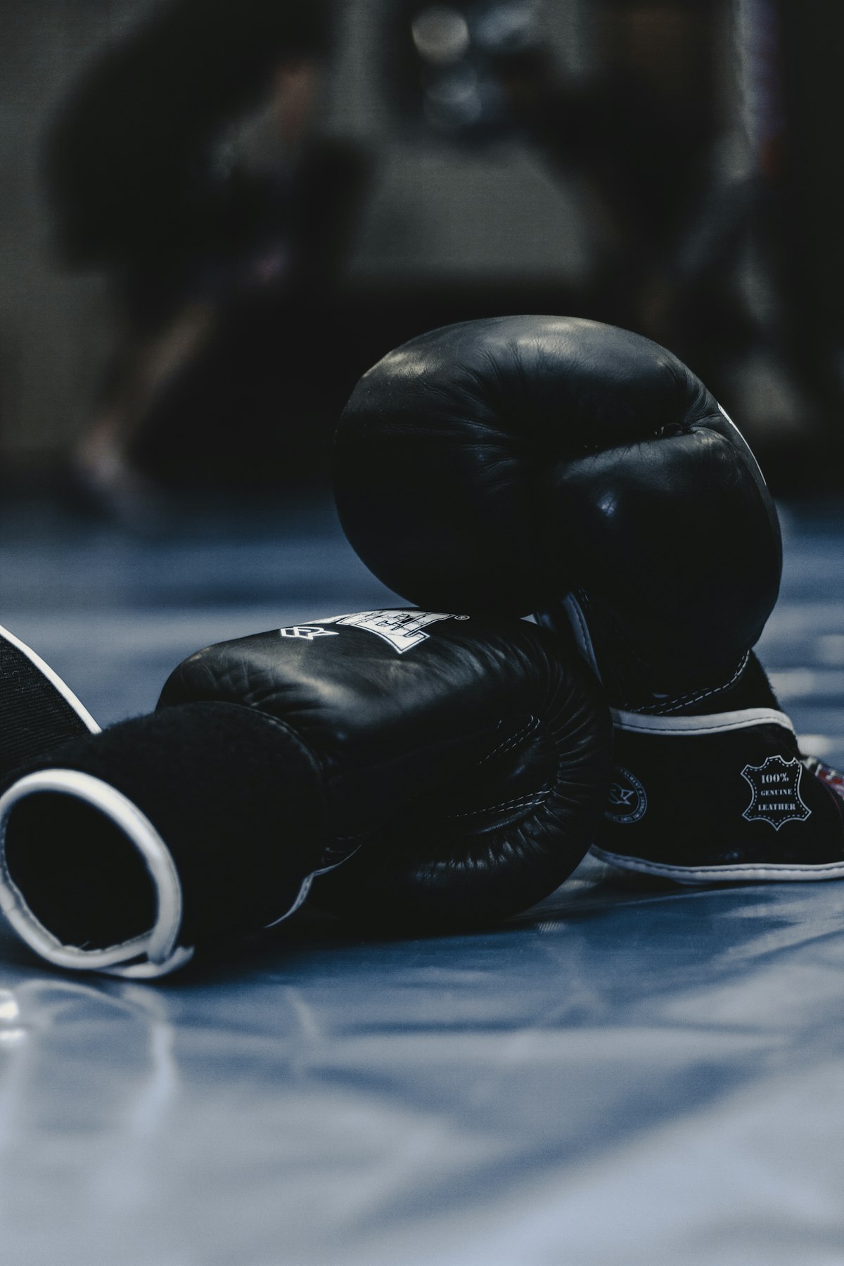Black boxing gloves resting on the ring floor